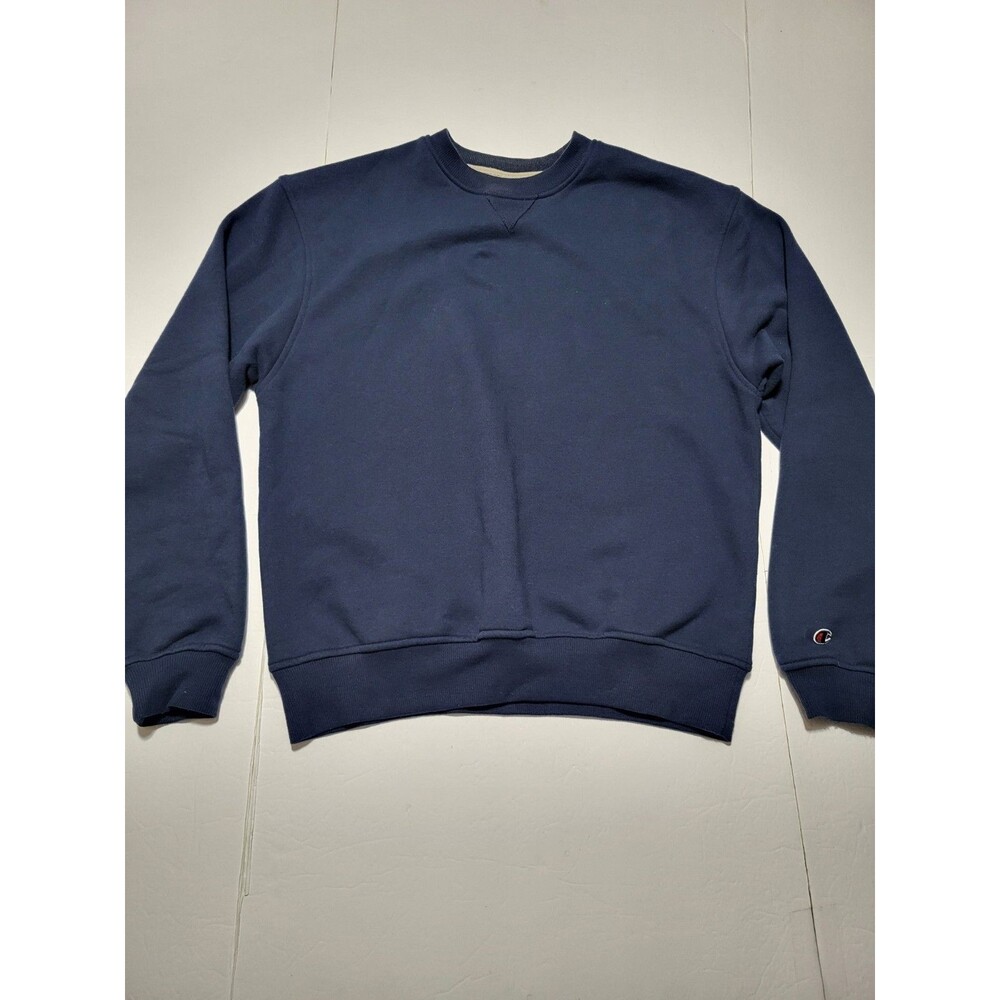 (#L7)Champion Mens L Navy Crewneck Pullover Logo Cuff  Classic Long Sleeve
